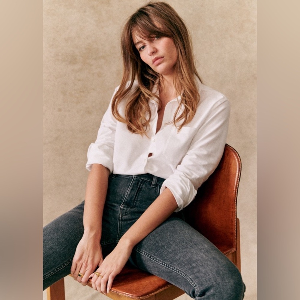 Sezane, tomboy shirt, long sleeve, white, 100% cotton, size 2